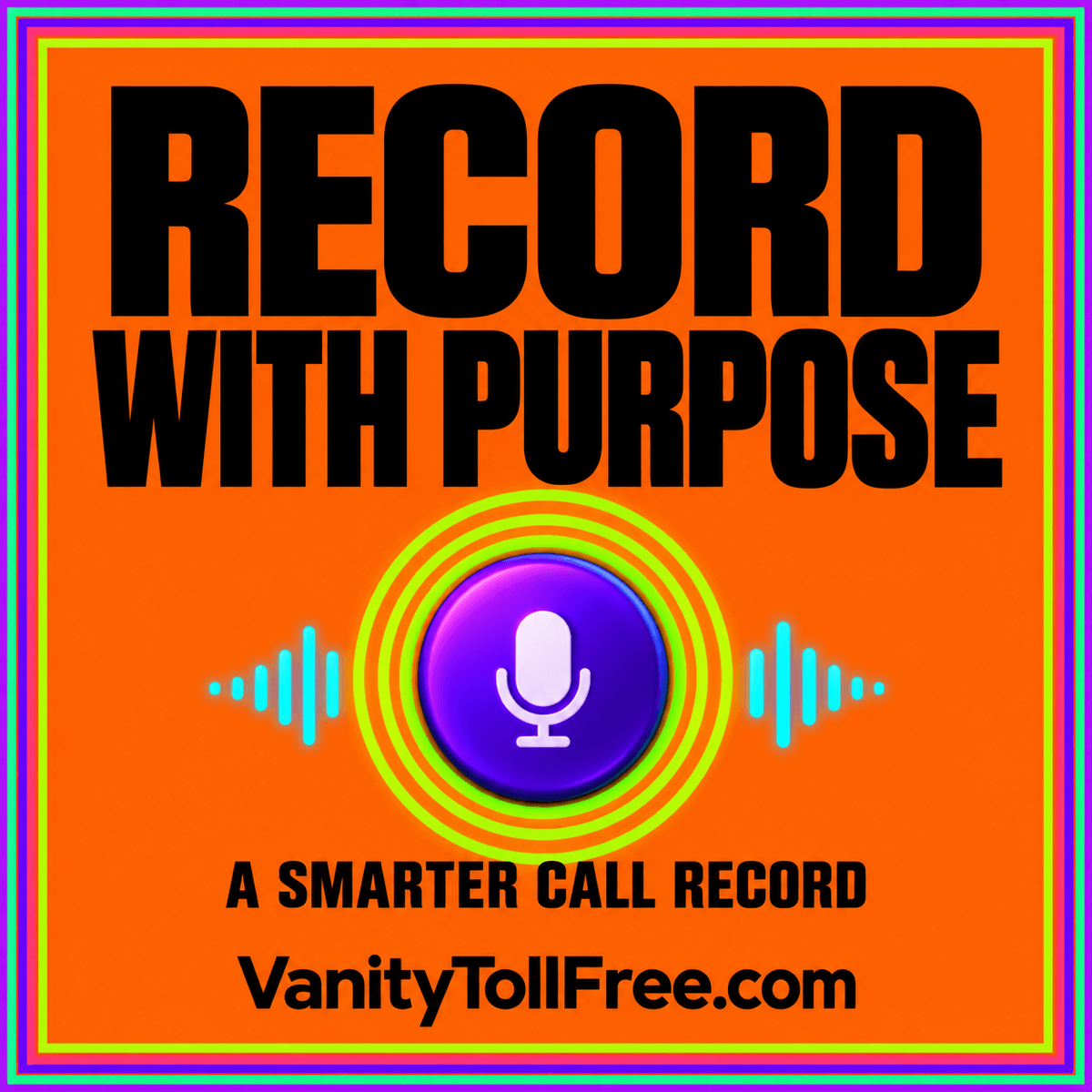 Record With Purpose cover with a microphone, circular lime rings, and cyan waves on orange.