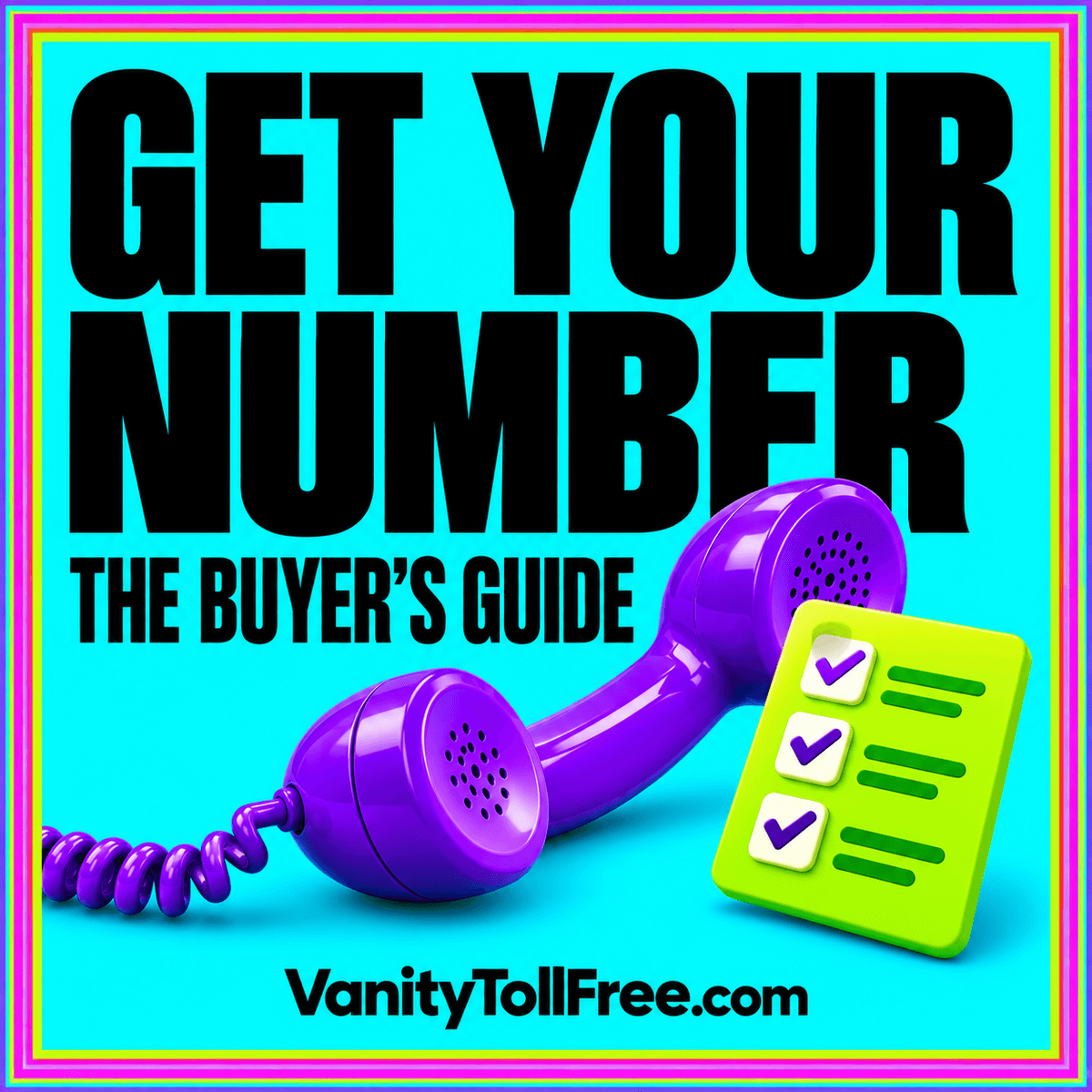 Get Your Number buyer guide cover with a purple phone, lime checklist, and cyan background.