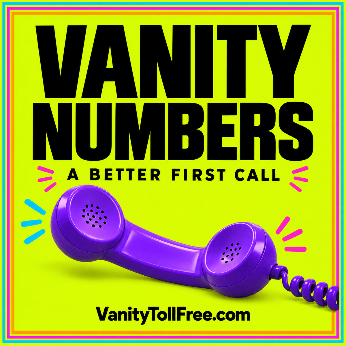 Neon lime Vanity Numbers cover with a purple phone, rainbow pinstripe frame, and VanityTollFree.com label.